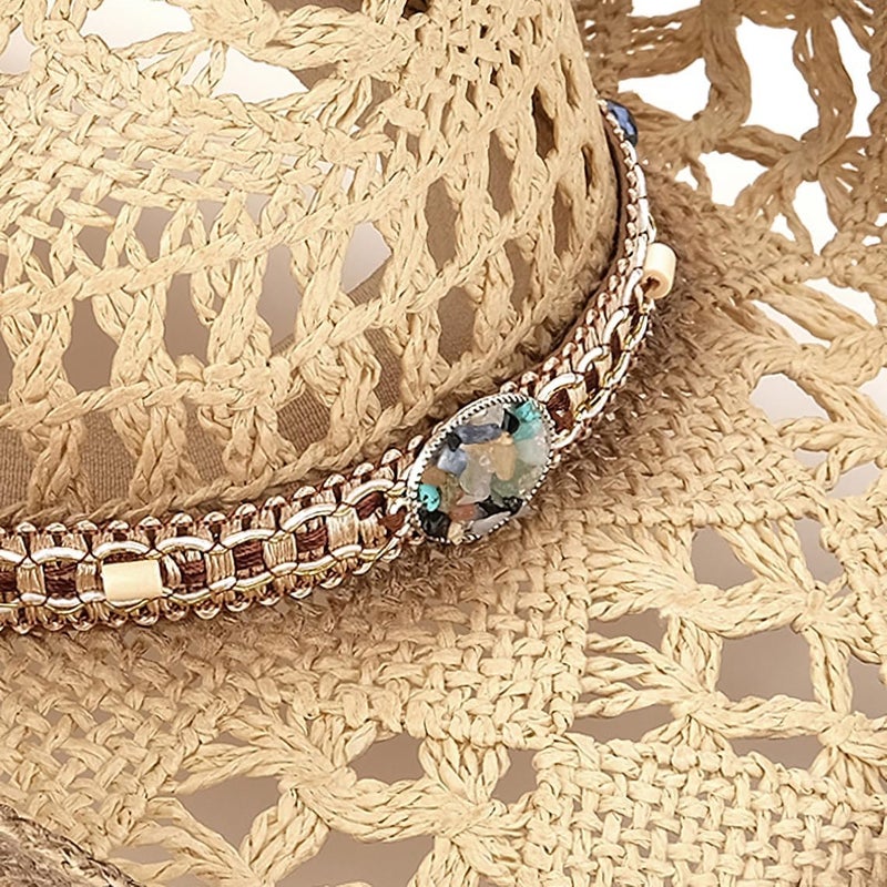 Foeran Men's Women's Straw Cowboy Hat Cowgirl Woven Sun Hat Western Cowboy Hat Two Decorative Bands - Image 3